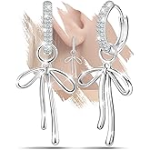 Sterling Silver Bow Earrings - Shiny Cubic Zirconia Hypoallergenic Removable Long Hoop Earring Fashion Jewelry Gifts for Her