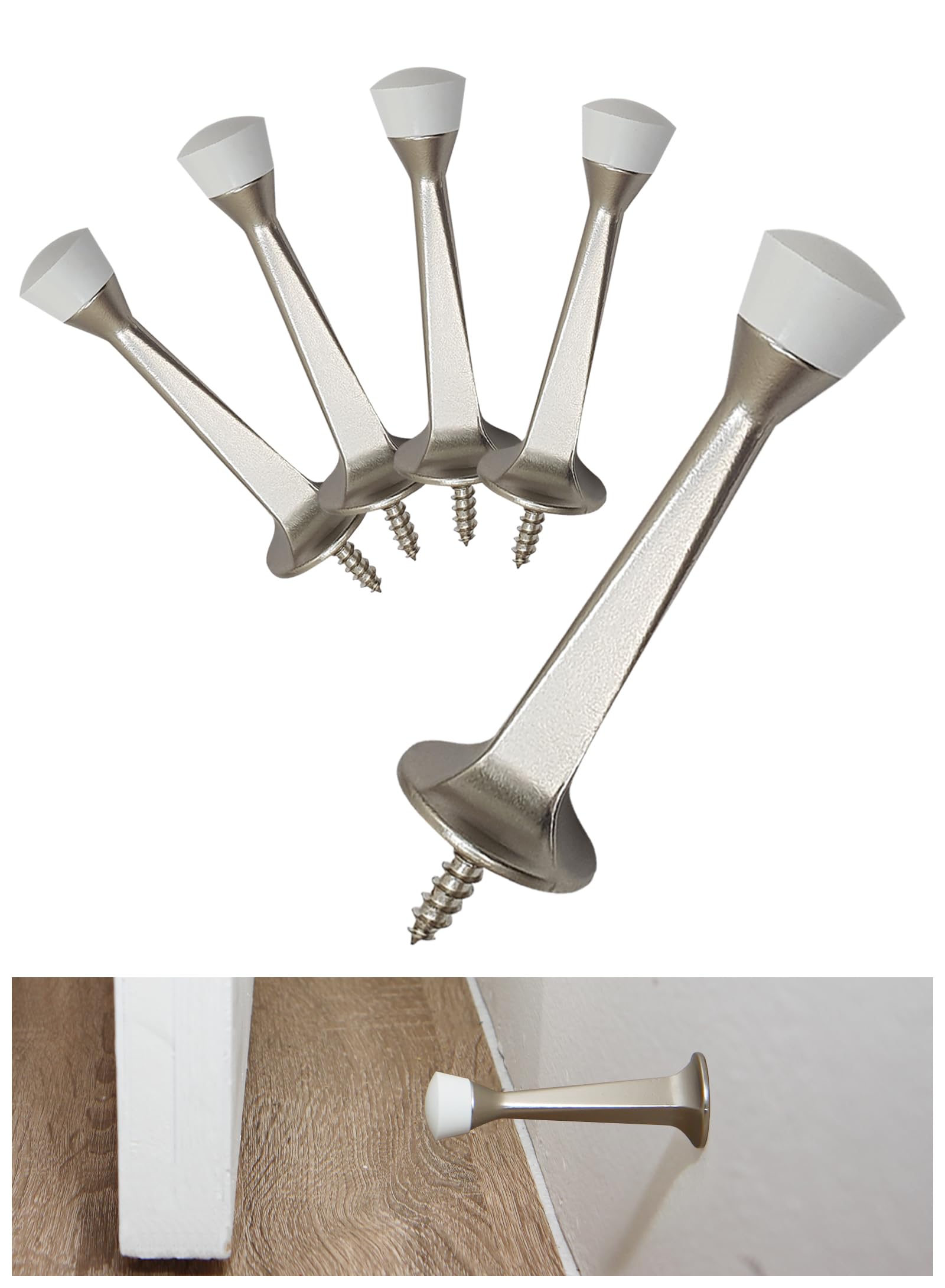 Greatim GT-DS-1, 5 Pack Heavy Duty Door Stop, Rolid Rigid Door Stopper Wall Mounted, Zinc Die Cast, SN (Silver)