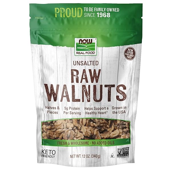 NOW FOODS, WALNUTS, RAW AND UNSALTED, HALVES AND PIECES, NATURAL SOURCE OF PROTEIN AND ESSENTIAL FATTY ACIDS, GROWN IN THE USA, CERTIFIED NON-GMO, 12-OUNCE (PACKAGING MAY VARY)