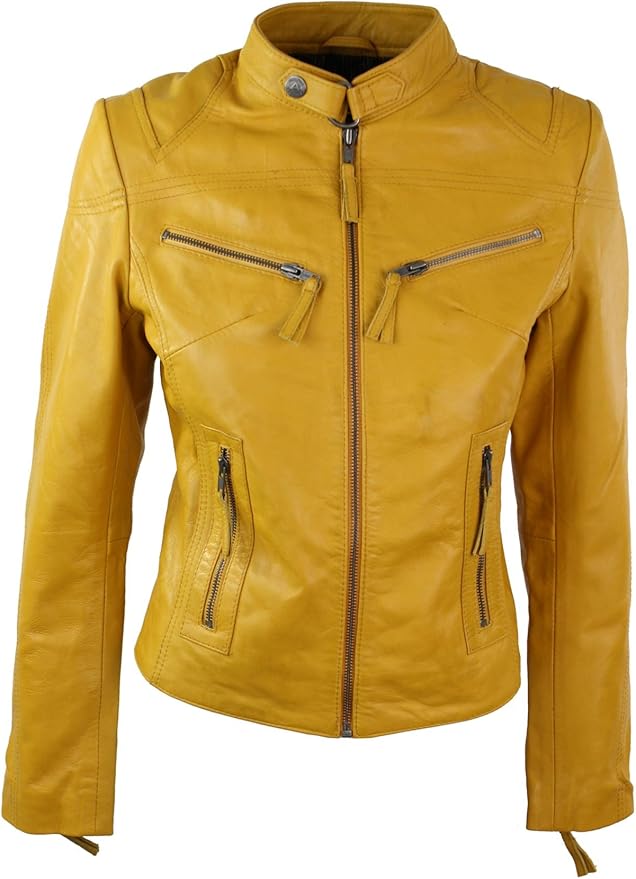 Aviatrix Women's Jacket 100% Genuine Leather Yellow Tight Tailored Biker Style Vintage: Amazon 