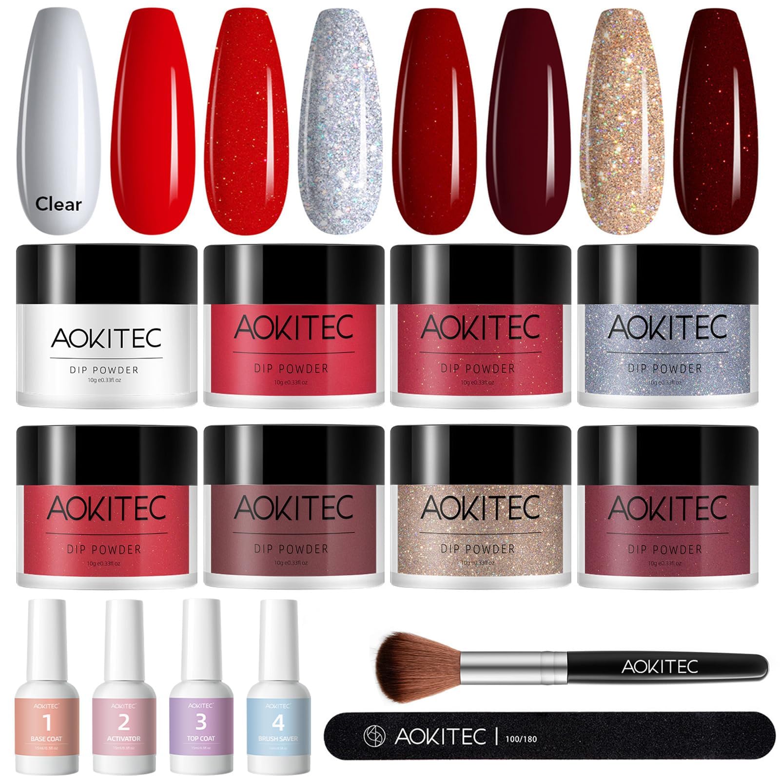 Aokitec 14Pcs Dip Powder Nail Kit for Starter, 8 Colors Fatal Kiss Collection, Acrylic Nail Dipping Powder Kit with Base Top Coat Activator Brush Saver for French Nails Art Manicure, Women Girls Gift