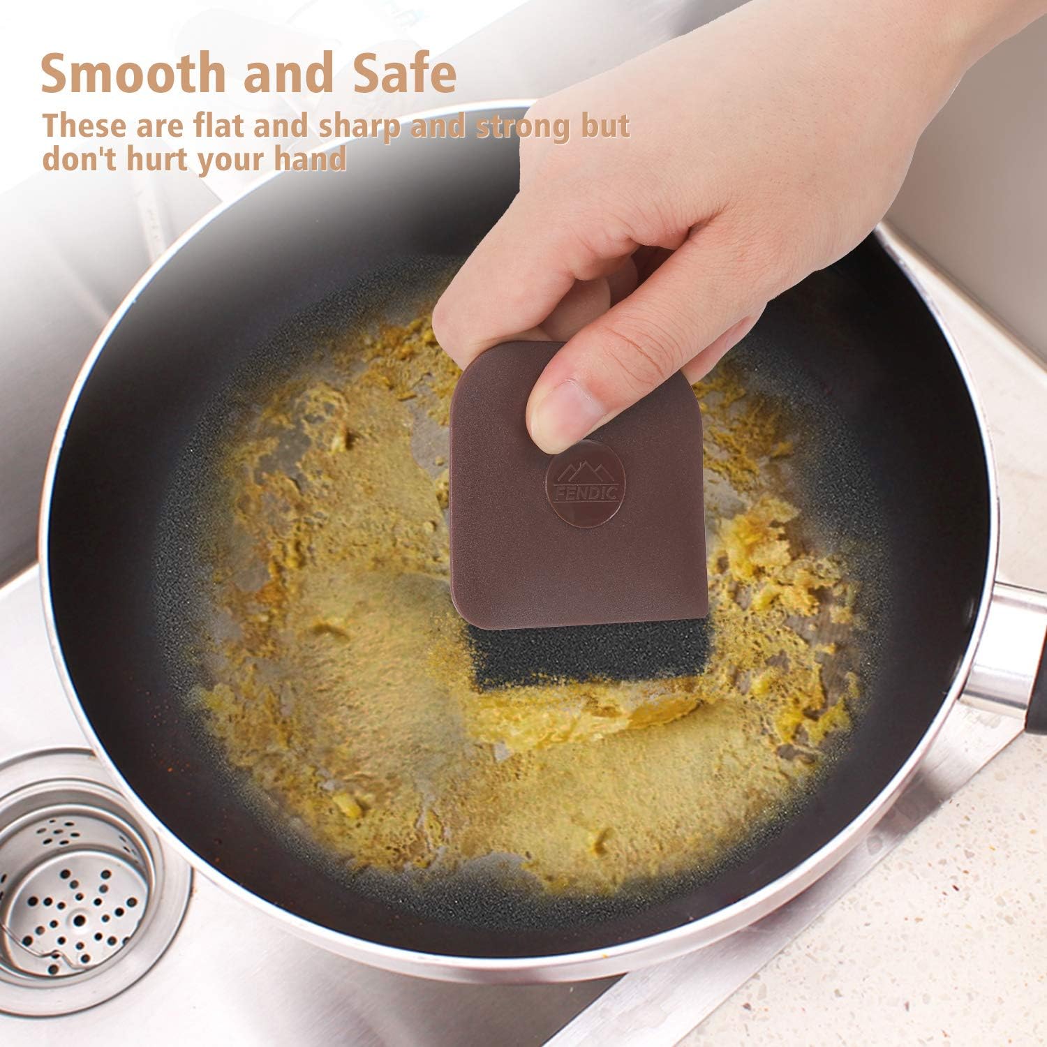 FENDIC Pan Scraper, 3pcs Durable Dish Scraper, Pot Scraper, Plastic Scrubbers for Pans, Multifunctional Pan Scraper Tool and Stoneware Scraper for Kitchen and Home - Brown: Kitchen & Dining