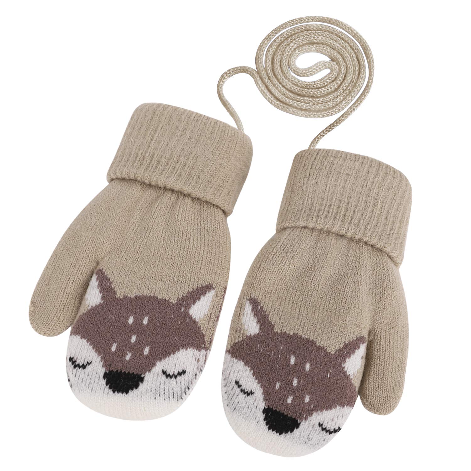 YJZQ Baby Toddler Cute Fox Winter Warm Knitted Magic Mittens Gloves with Furry Lining Hanging On Neck Mittens for Girls Boys Age 1-3Years