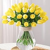 FLORRALIA Yellow Fake Tulips Artificial Flowers - 24 Pcs Artificial Silk Yellow Tulips Faux Flowers with Stems for Home Wedding Hotel Office Centerpiece Decor