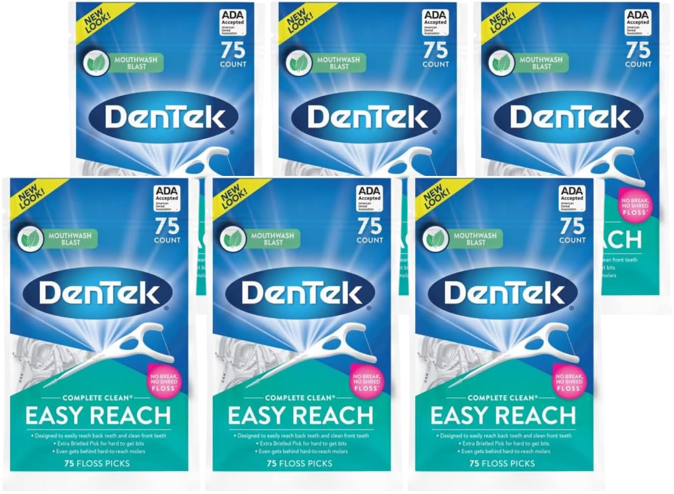 Photo 1 of DenTek Complete Clean Easy Reach Floss Picks, Advanced Fluoride Coating, Mouthwash Blast Flavor, 75 ct. (Pack of 6)