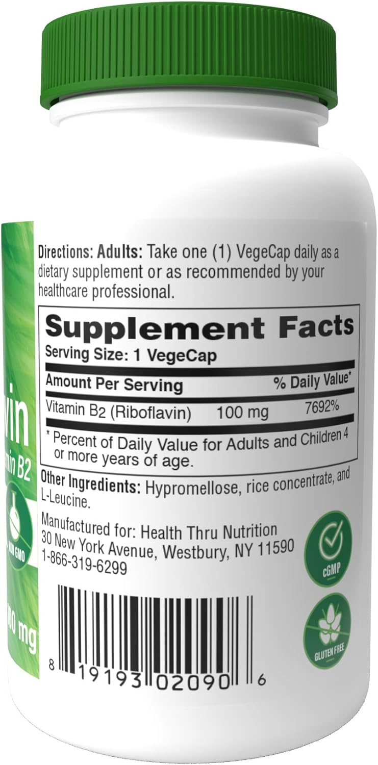 Riboflavin B2 100mg 100 Vege-Capsules (Non-GMO & Gluten-Free) by Health Thru Nutrition (100) - Image 3