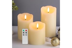 Eywamage Ivory Flameless Pillar Candles with Remote, Flickering Realistic LED Battery Wax Candles Set of 3, Φ 3" H 4" 5" 6"