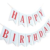 Blue and red Happy Birthday Banner - Happy 1st Birthday decorations, Blue Gingham with Red Letters Happy Birthday Banner
