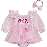BOEBNOZCV Baby Girl 1st Birthday Clothes One Year Old Ruffled Tulle Romper Dress Long Sleeve Bodysuit Cake Smash Outfit
