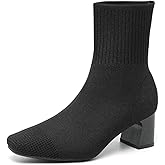 AHZEHRSE Ankle Boots for Women Dressy Comfy Knit Sock Booties Square Toe Chunky Heel Slip on Elastic Fall Booties