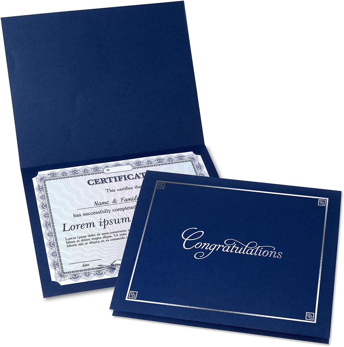 Congratulations Blue & Silver Certificate Folders - Pack of 25, Linen Cover 80 lb. Stock, Folded, Die-Cut Corners, for Office, Business Awards, Graduation, School Diploma Holder, 9-1/2" x 12"