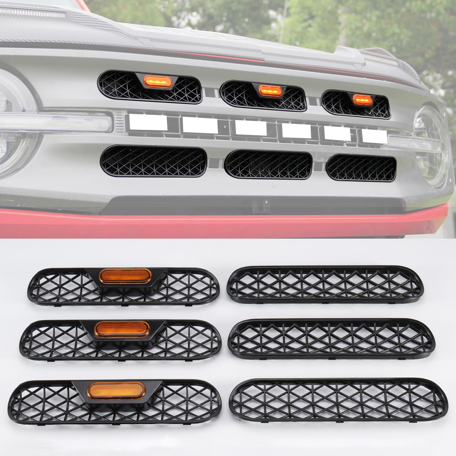 Photo 1 of Front Grill Inserts with Amber Light for 2021 2022 2023 2024 Ford Bronco Big Bend Outer Banks 2/4 Door Mesh Grille Inserts Frame Trim Covers