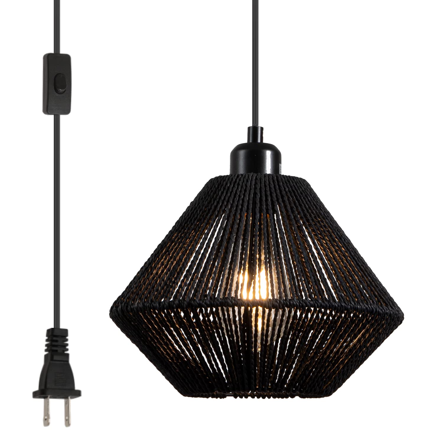 Photo 1 of YongMing CL Black Woven Plug in Pendant Light Fixture, 9.65’’ Rustic Farmhouse Pendant Hanging Light with Plug in Cord & On/Off Switch for Kitchen Island Living Dining Room Bedroom Foyer