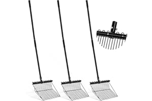 Lasnten 3 Sets Metal Manure Fork with Long Metal Handle Pitch Fork Manure Rake Black Heavy Duty Muck Rake for Gardening Horse Stall Stable Grass Hay Cleaning Farm Work