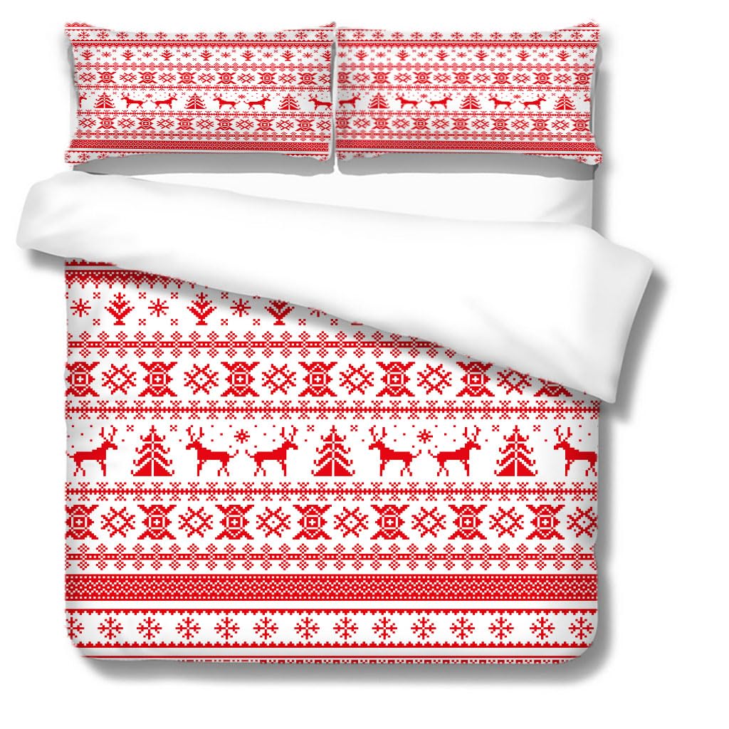 goodbath King Size Duvet Cover Set Christmas, Xmas Tree Deer Holiday Theme Bedding Set 3 Piecee, Red White