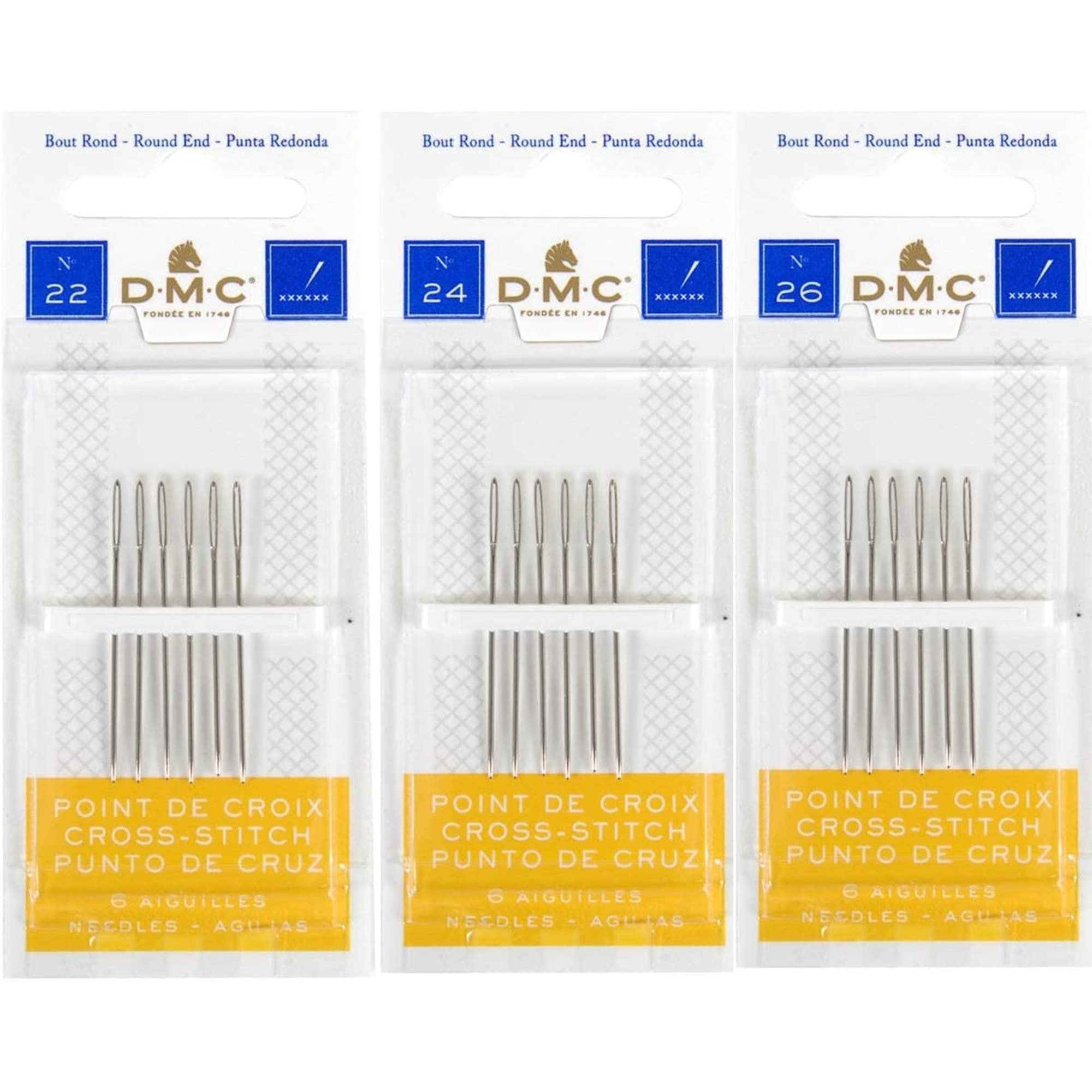 DMC 3 Pack Size 22-24-26 (One Pack Each)-Cross Stitch Needles - Total 18 Needles - New Package