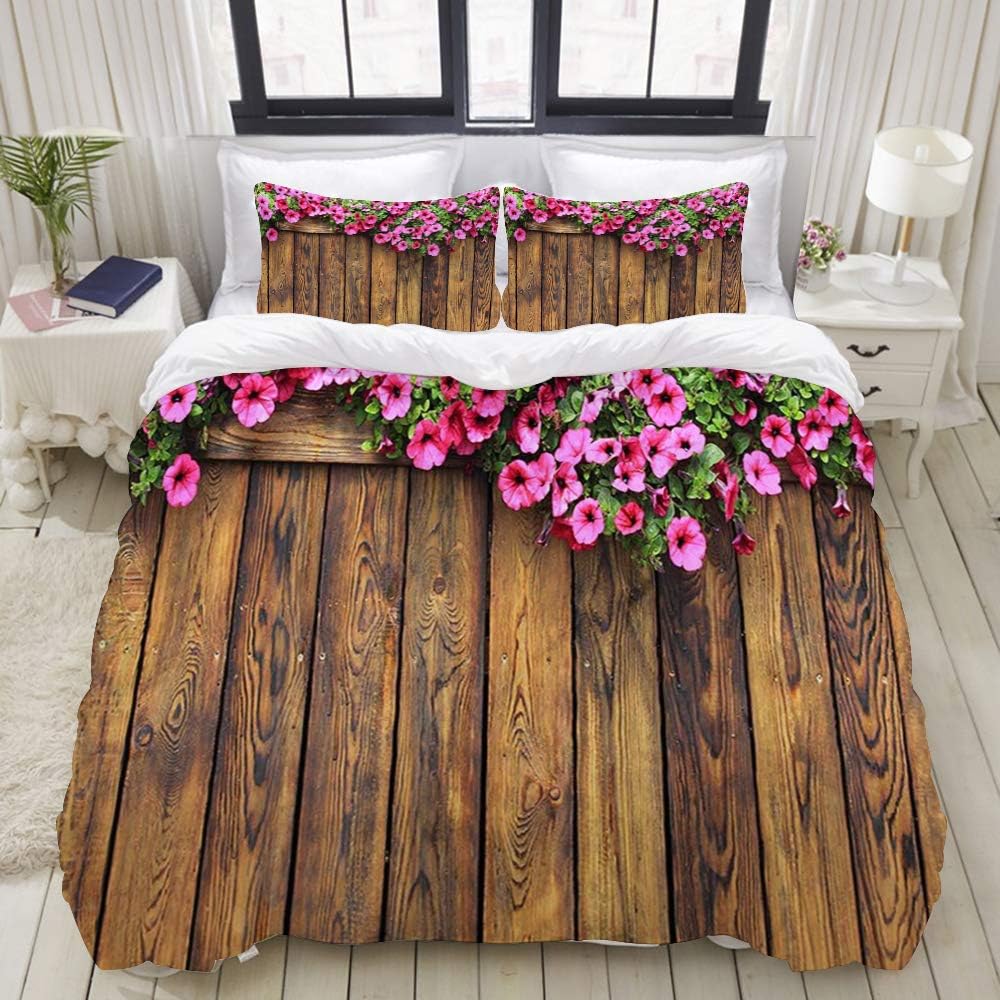 LIASDIVA Duvet Cover,Wooden Rustic Flowers at Garden Wooden Fence Wallpaper Photography,Bedding Set Ultra Comfy Lightweight Luxury Microfiber Sets (3pcs Twin Size 68" 88")