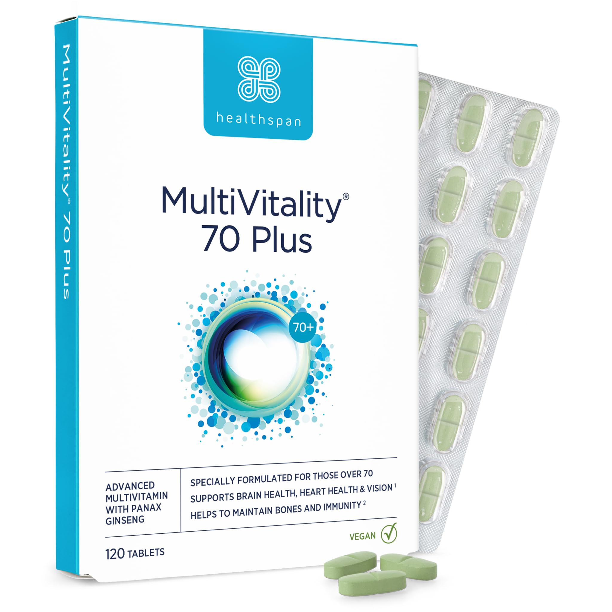 Healthspan Multivitamin 70 Plus | (120 Tablets) | Vitamin C & Vitamin D3 | Brain, Heart, Bone & Immunity Health | Ginseng, Bioflavonoids & Acetyl L-carnitine | Vegan