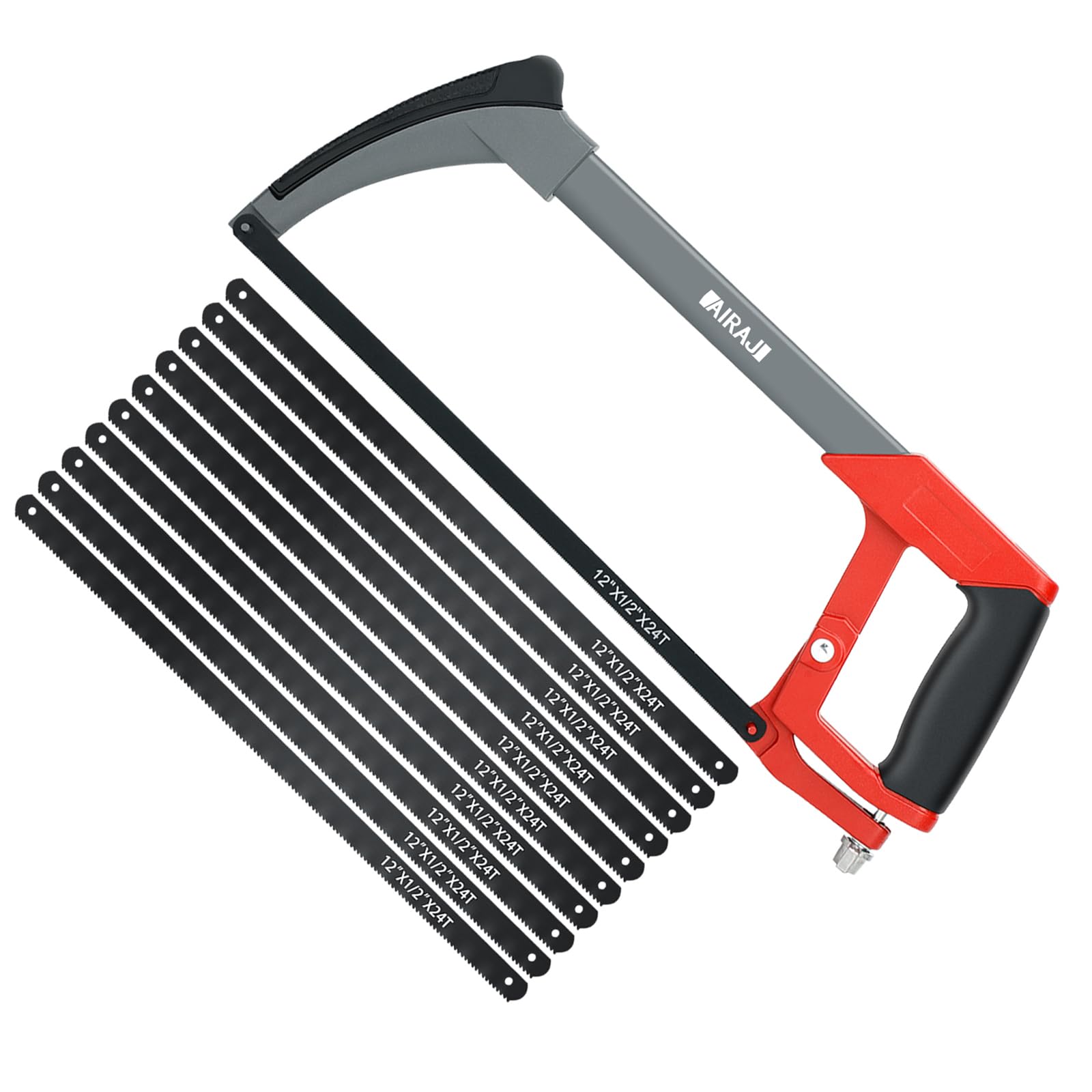 AIRAJ Hacksaw - Heavy Duty Hacksaw for Metal Cutting - Two Sawing Angles 45°/90° - with 10 Spare Blades - Metal Hack Saw for Wood, Plastics, Rubber and Other Common Materials