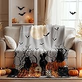 Horaldaily Halloween Flannel Blanket Throw, Buffalo Plaid Pumpkin Moon Cat Soft Fuzzy Plush Cozy Fleece Blankets for Couch Sofa Bed Lounging, Ideal Gifts for Kids Adults Wife Self, 50x60