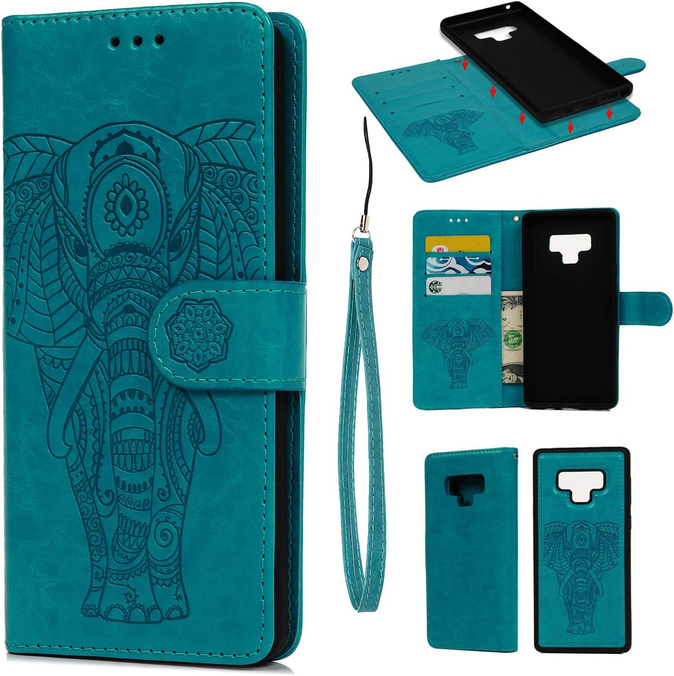 Galaxy Note 9 Leather Case, Note 9 Case Wallet Embossed Elephant PU Leather Detachable Magnetic 2 in 1 Folio TPU Cover with Card Slot Cash Skin for Samsung Galaxy Note 9, Blue