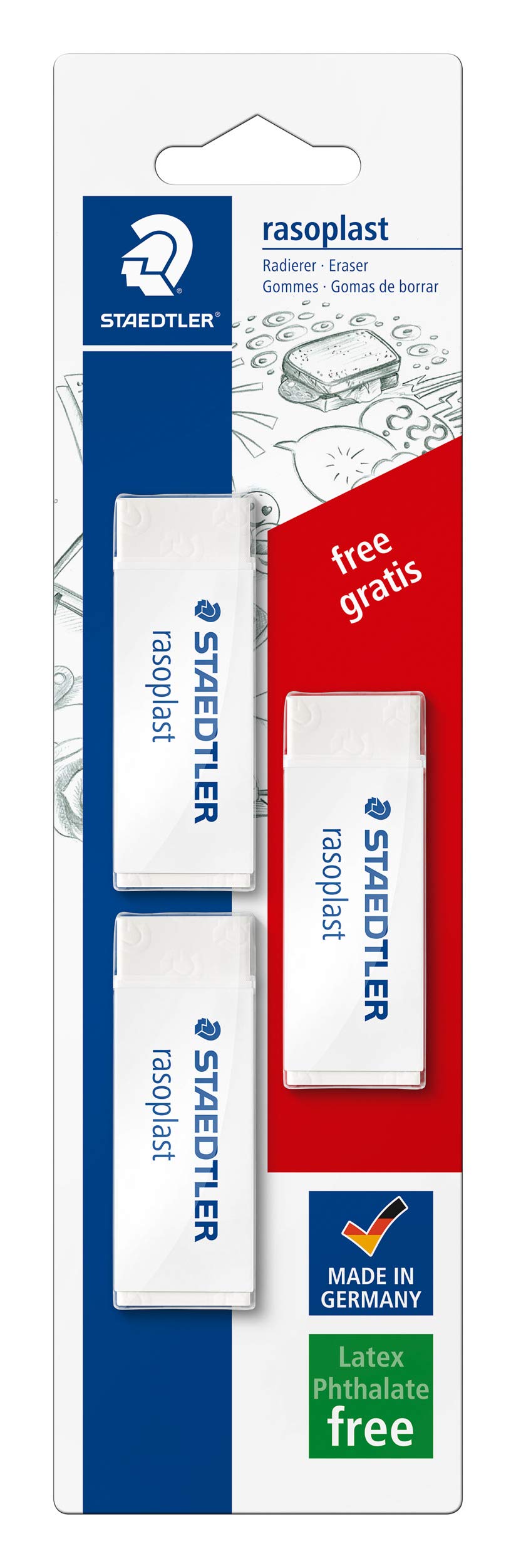 Staedtler Rasoplast 526 B20BK3P Eraser Phthalate Free and Latex Free - 65 x 13 x 23 mm Pack of 3 on Blister Card (1 Piece Free) White