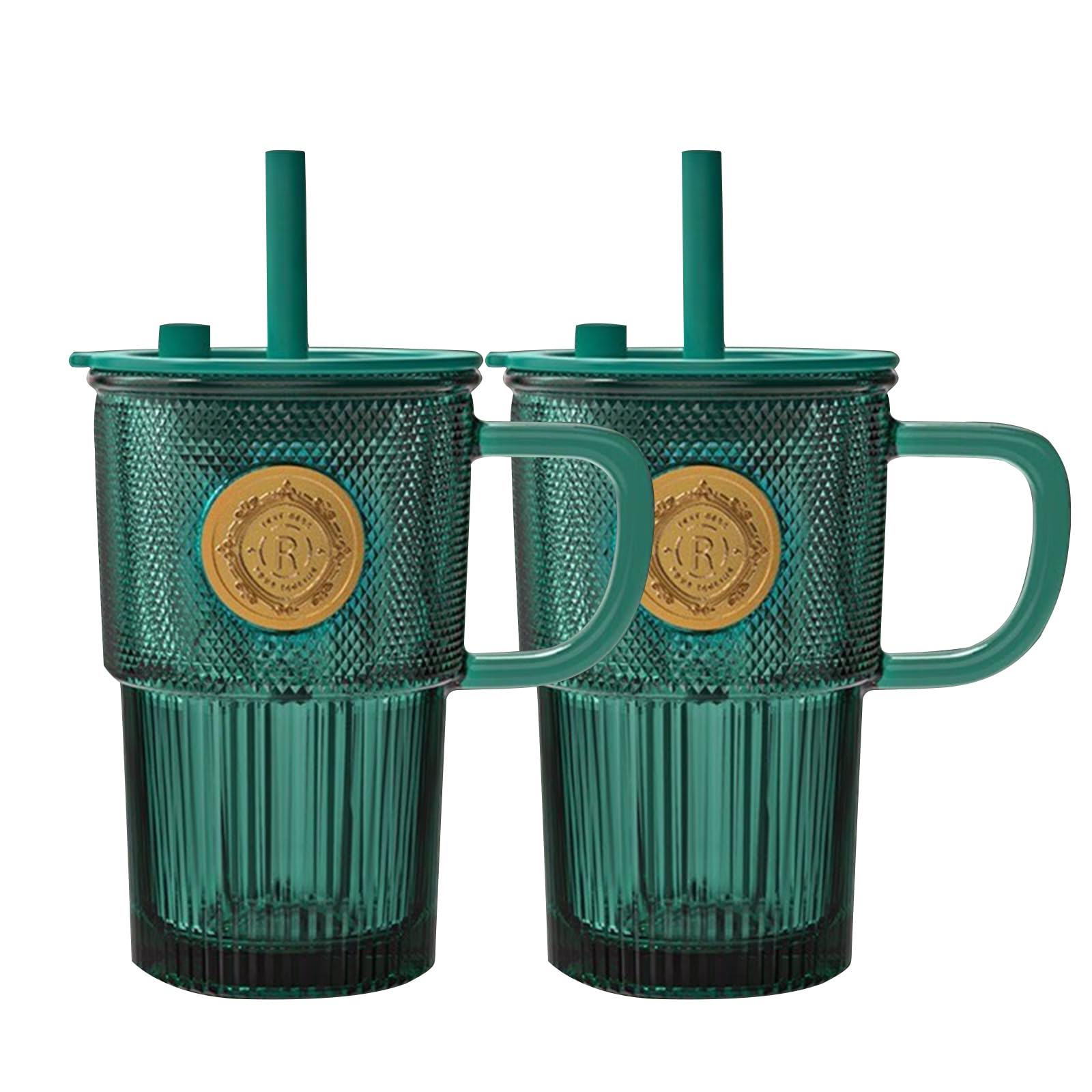 soulnioi Set of 2 430ml Green Glass Tumbler with Straw, Glass Mug with Gold Badge Decor, Drinking Glass with Handle for Coffee Juice Beverages Smoothie