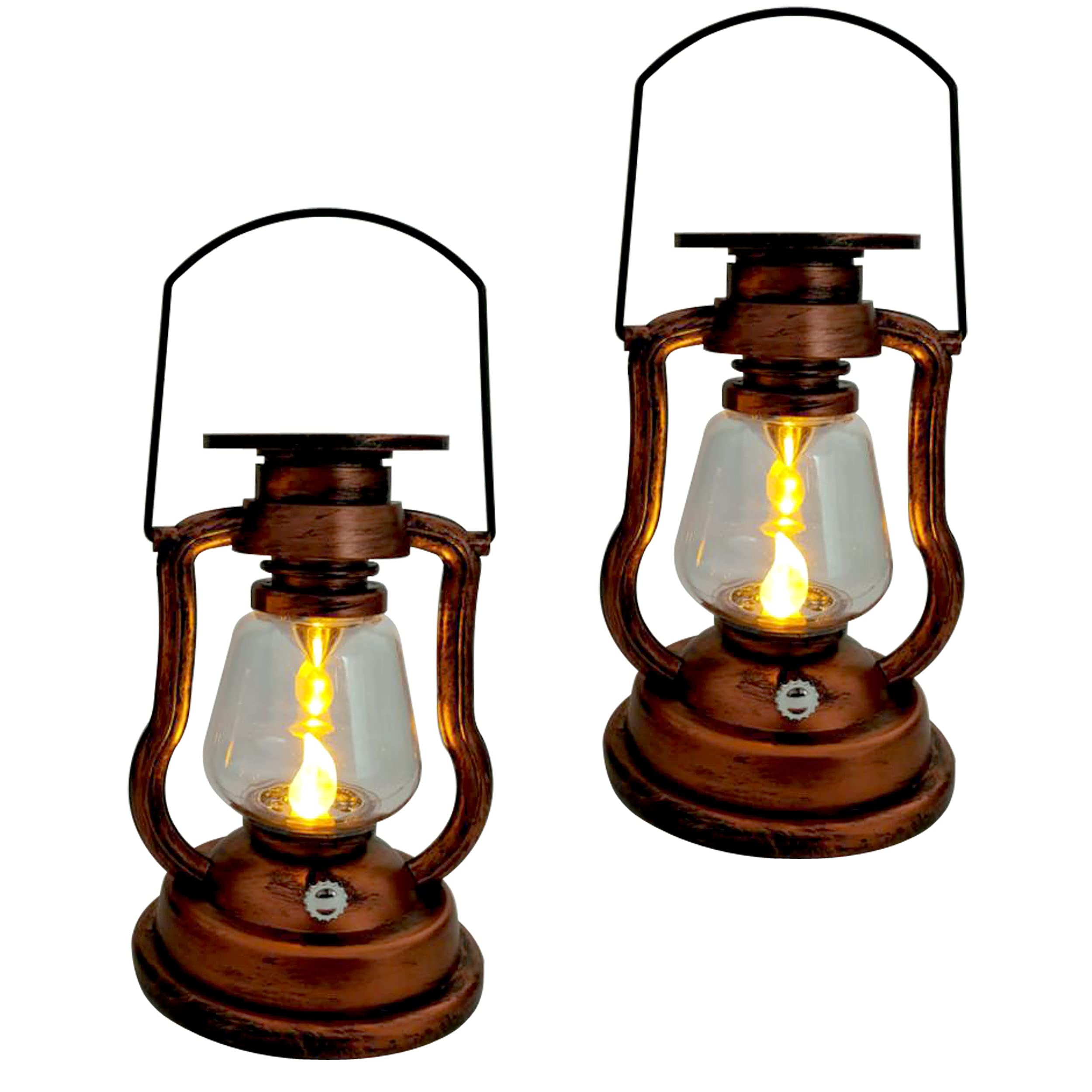 Set of 2 Vintage LED Solar Lanterns with Candle - Antique Glass Garden Lamp