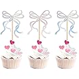 20 Pack Bow Cupcake Toppers Bowknot Pink Purple Blue Yellow Green Mulitycolor Cupcake Picks Bridal Baby Shower Cake Dessert Picks Decoration Baby Girl Birthday Wedding Party Supplies (sliver 2025)