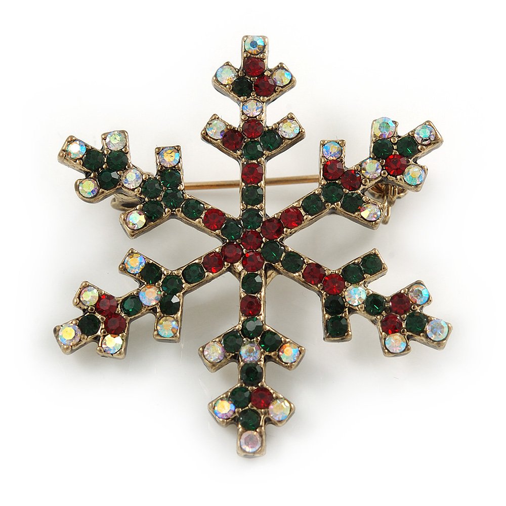 Vintage Inspired Green/Ab/Red Crystals Christmas Snowflake Brooch In Antique Gold Tone - 40mm