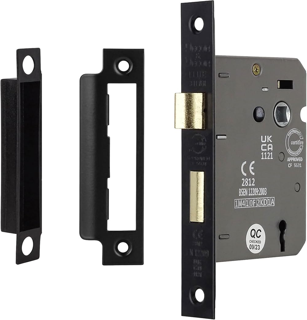 Decoranddecor Sash Mortice Door Lock 2.5inch 64mm Matt Black Fire Rated UKCA CE