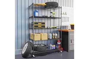 KKN 5-Tier Adjustable Storage Shelving Unit, Heavy Duty Steel Wire Rack with Wheels and Adjustable Feet for Pantry, Garage, Bakers Rack Kitchen Shelving (350 lbs/Shelf)