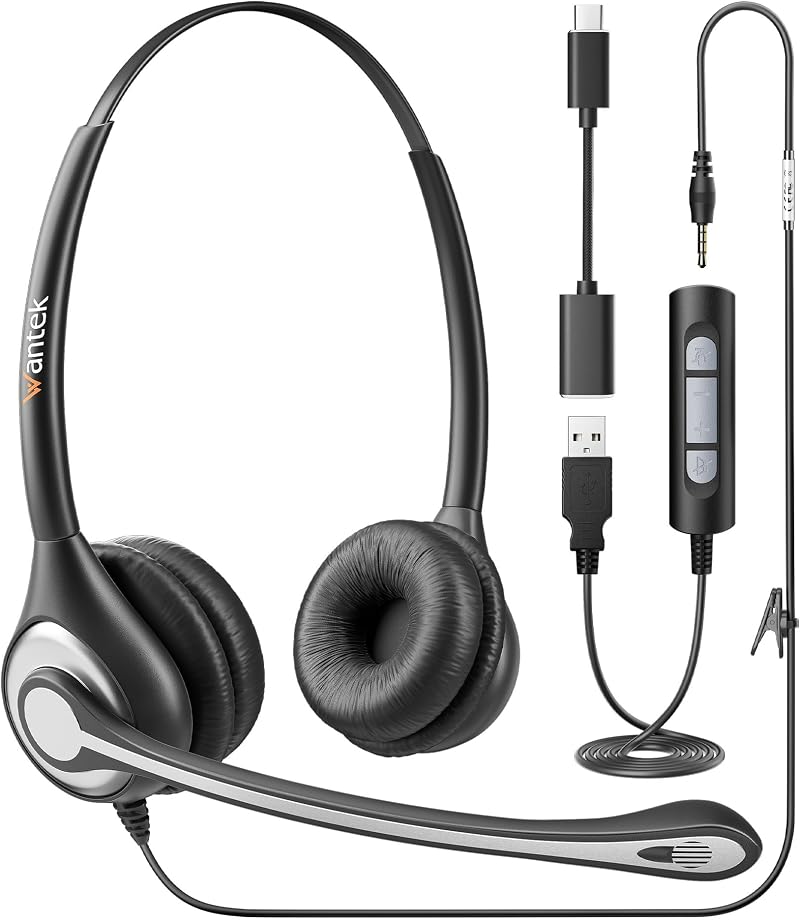 Wantek USB Headset with Microphone 3-in-1 USB-C/USB 3.5mm Laptops PC