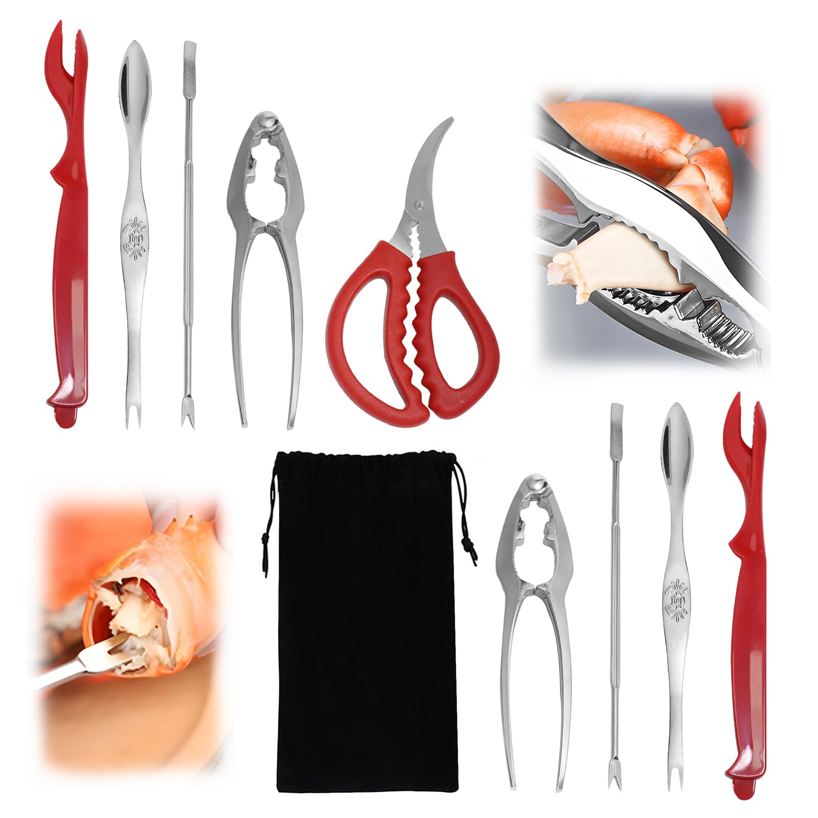 Photo 1 of 10 Pcs Crab Crackers and Tools Set, Lobster Crackers and Picks Set, Crab Leg Cracker, Stainless Steel Seafood Utensils Crackers & Forks with Scissors and Storage Bag