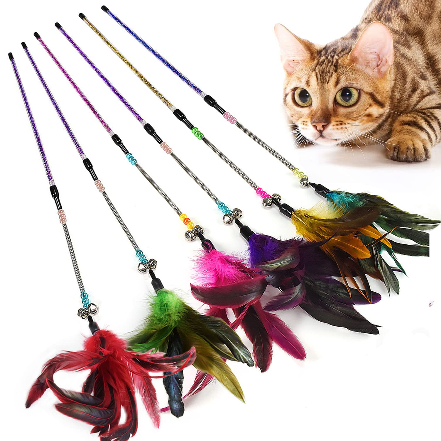 Aidiyapet Cat Toys for Indoor Cats Adult Kitten, Interactive Cat Feather Wand Toys for Boredom and Exercise, with Feather, Bell and Flexible Wire (6 Pack)