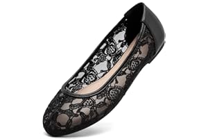 Greatonu Women's Flats Cut Out Round Toe Slip On Floral Ballet Flat Comfortable Lace Flats Dressy