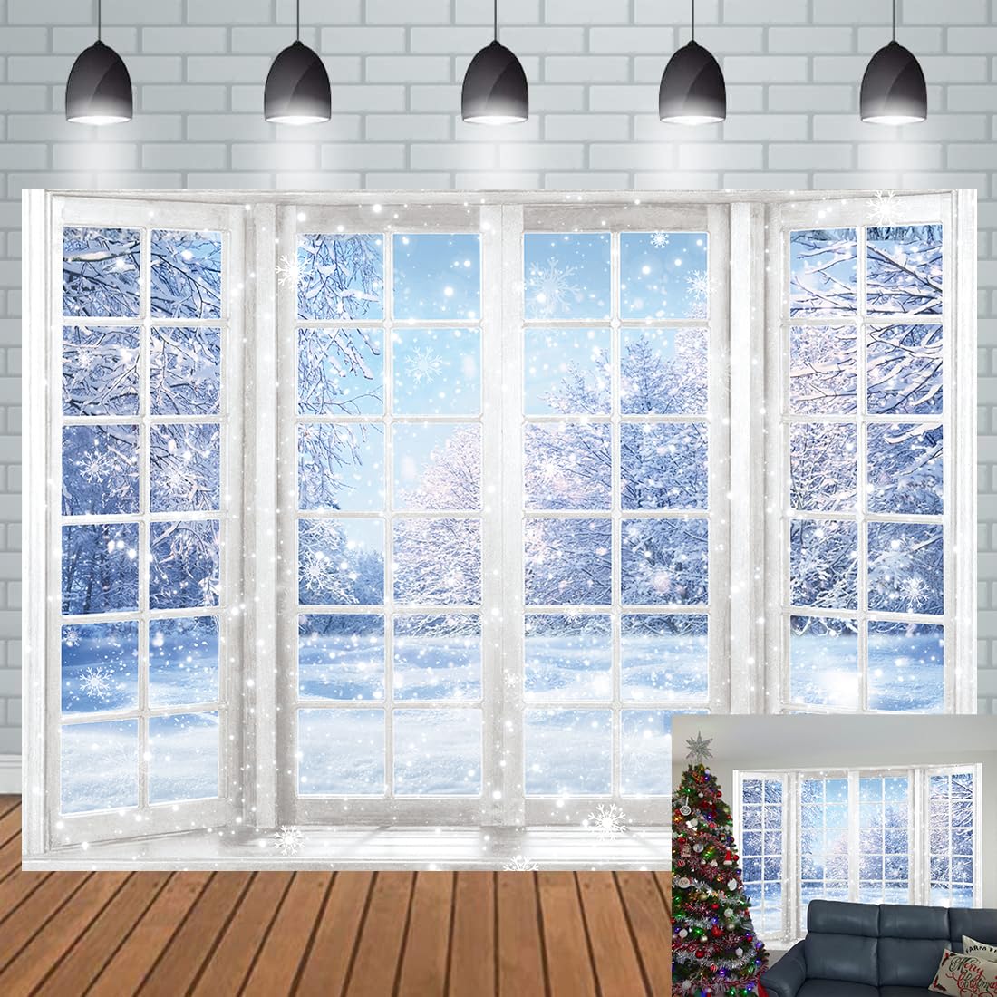 Photo 1 of 8x6FT Winter Window Backdrop Winter Snowflakes Snowy Scenery Wonderland Photography Background Christmas Holiday Family Party Decorations Photo Studio Props 8x6FT