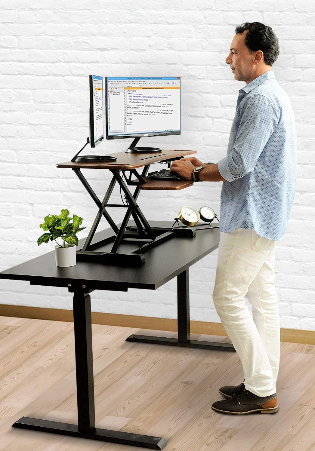amazon standing desk on Amazon Com Techorbits Standing Desk 37 Stand Up Desk Converter Wood Brown Tabletop Sit Stand Desk Fits Dual Monitors Two Tiered Height Adjustable Workstation Office Products