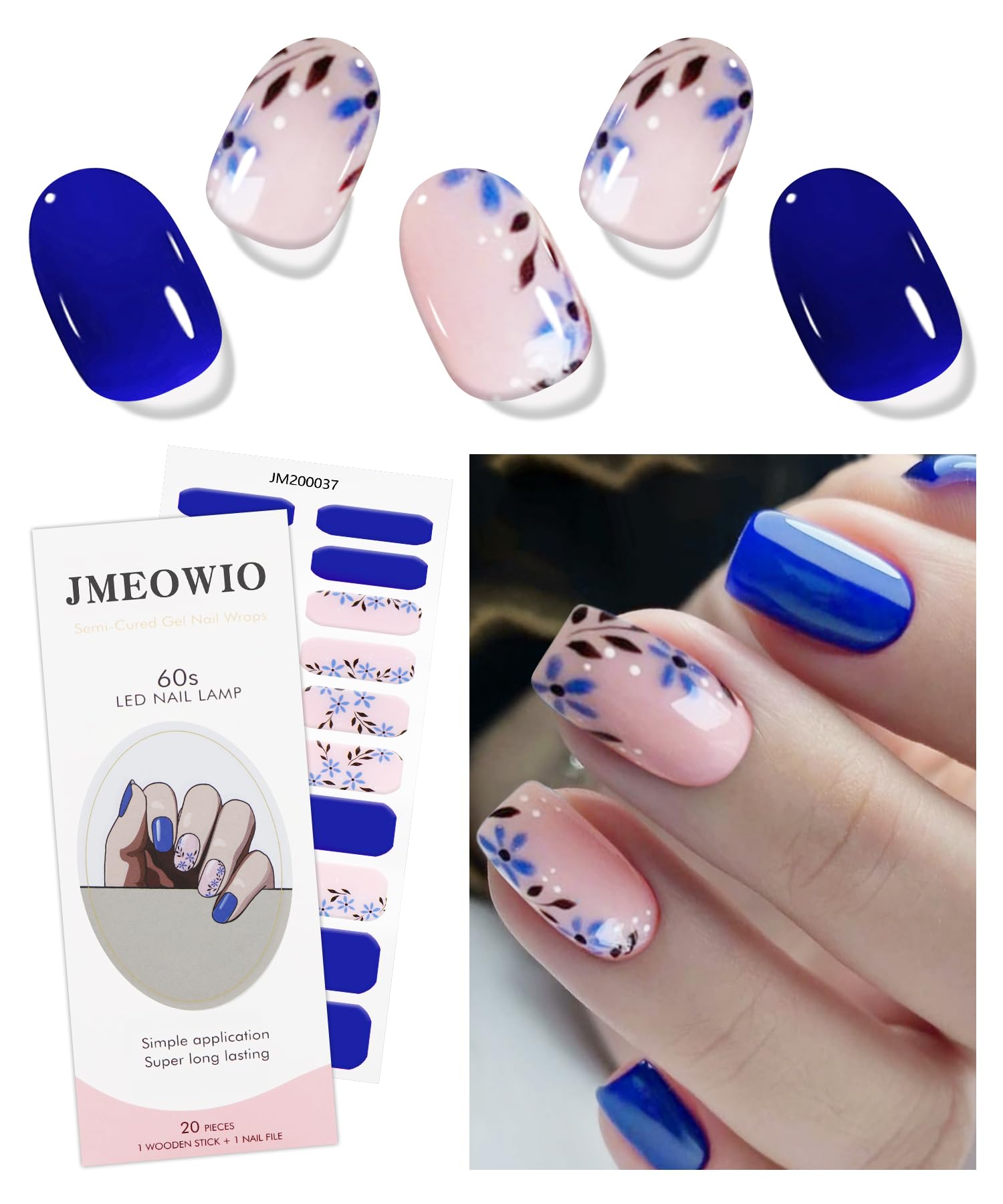 JMEOWIO Gel Nail Stickers Blue Pink Flower Semi Cured Gel Nail Strips Wraps UV/LED Nails Art Design Decoration Accessories