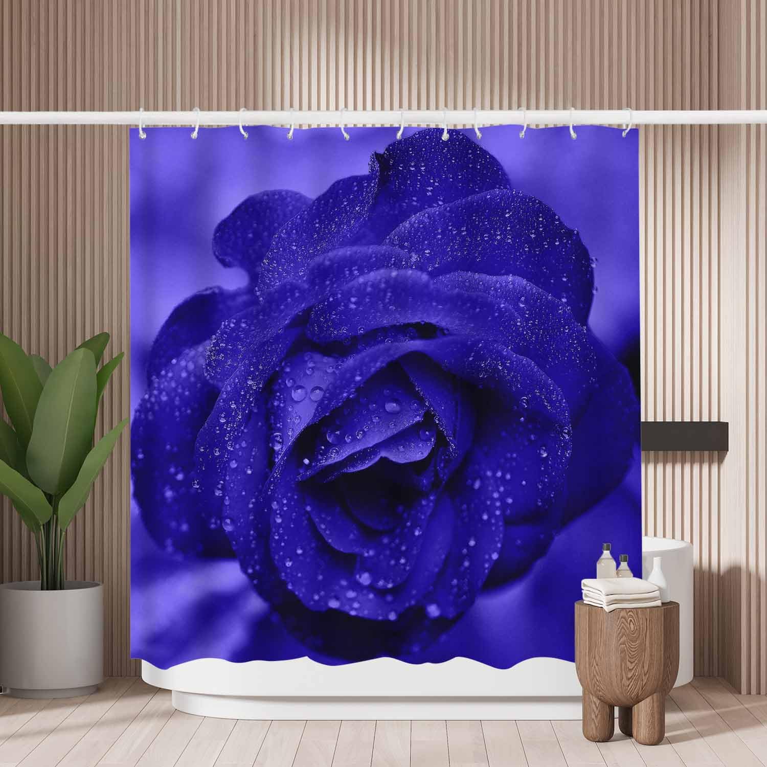 Woutay Shower Curtain Mould Proof Resistant Blue Rose,Water Repellant Fabric,Polyester,with 12 Plastic Hooks