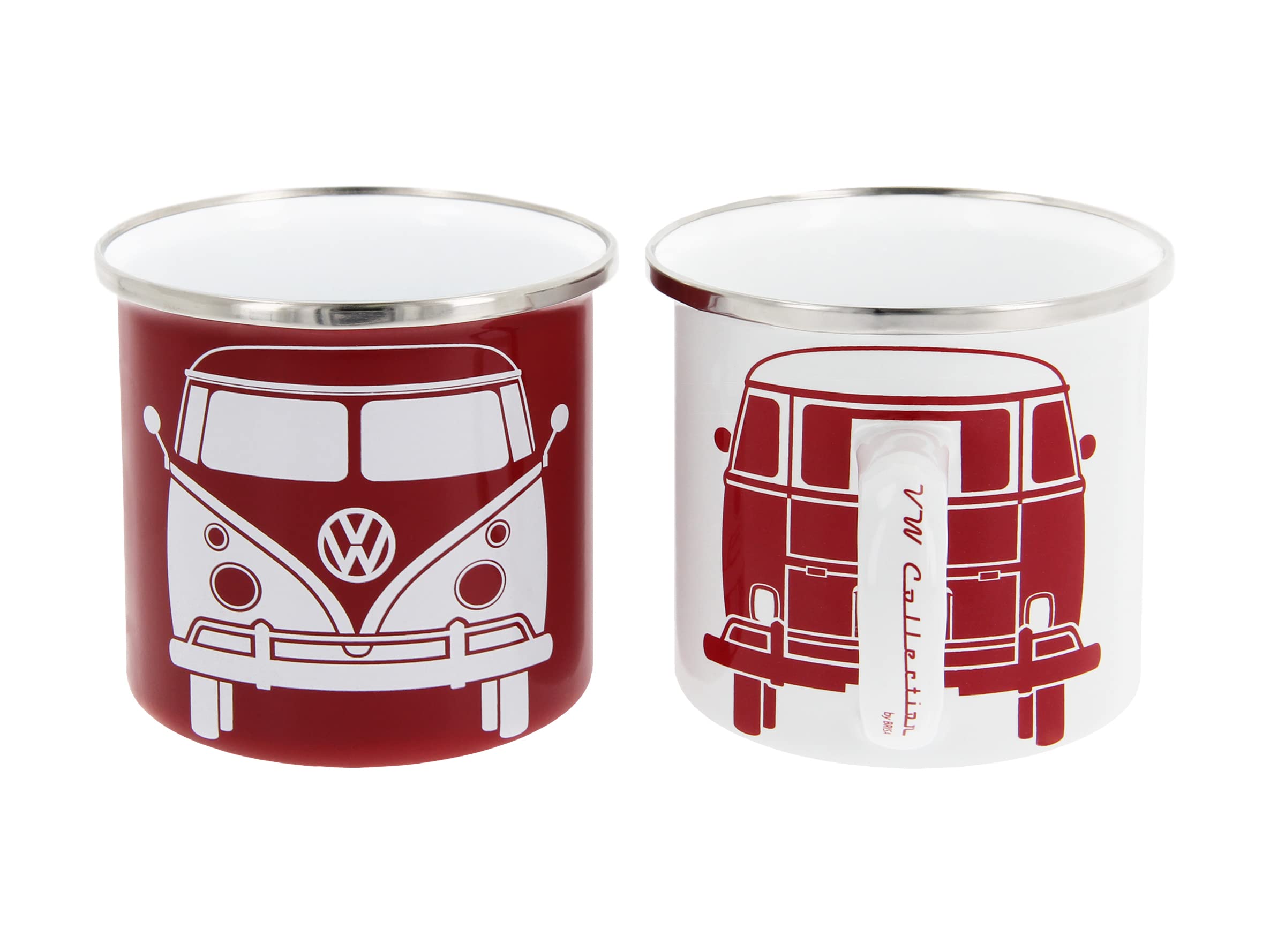 BRISA VW Collection - Volkswagen 2-Piece Enamel Coffee-Tea Mug Cup Set for Camping & Outdoor T1 Bus (White/Red)