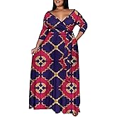 Runwind Plus Size Maxi Dresses for Curvy Women, 3/4 Sleeve V Neck Long Printed Dress with Belt Casual Dress with Pockets