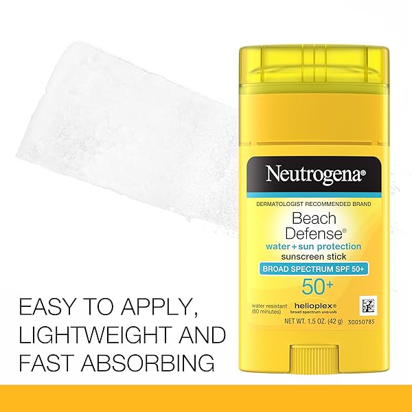 NEUTROGENA BEACH DEFENSE SUNSCREEN STICK SPF 50, BROAD SPECTRUM SUN PROTECTION FOR FACE & BODY, WATER-RESISTANT, NON-GREASY FORMULA, TRAVEL SIZE FOR BEACH & OUTDOOR USE, 1.5 OZ (42 G)