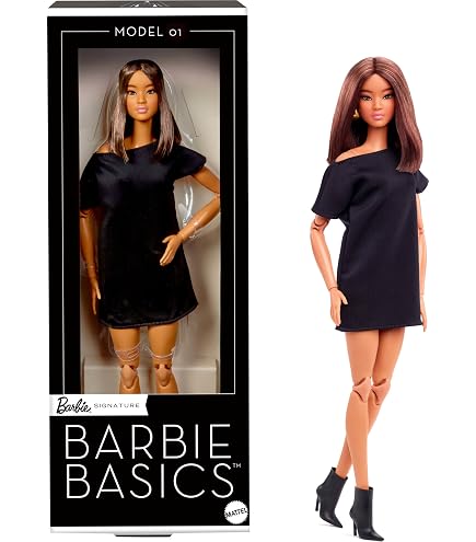 Barbie Basics Model 05 Collector Doll with Brunette Hair, Black Mini Dress & Heels, Universal-fit Fashions, Posable Curvy Body & Swappable Doll Head : Toys & Games