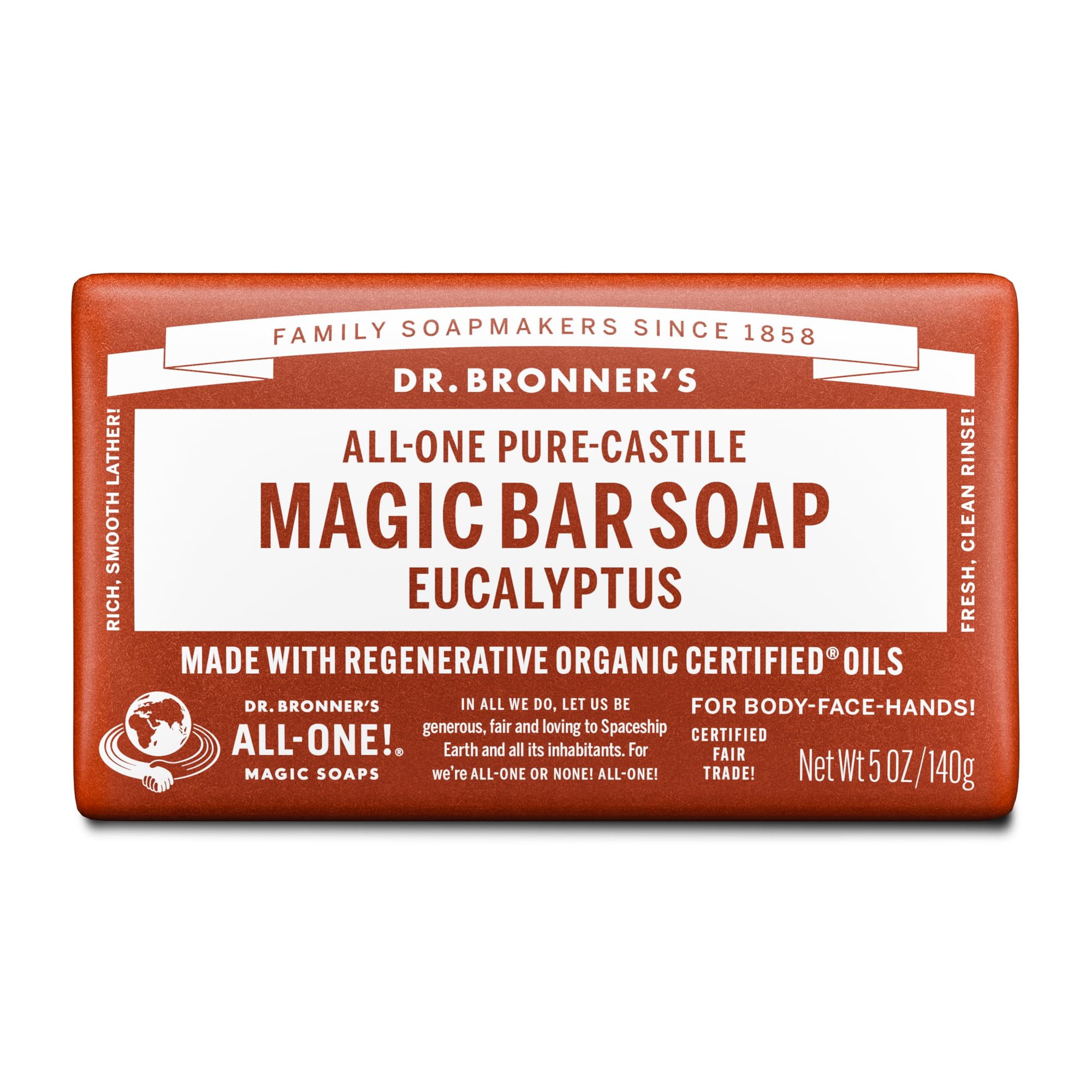 Dr Bronner's 3-in-1 Eucalyptus Pure Castile Bar Soap, Made with Organic Oils and No Synthetic Preservatives. Used for Face, Body and Hair, Certified Fair Trade & Vegan Friendly, 140g Bar