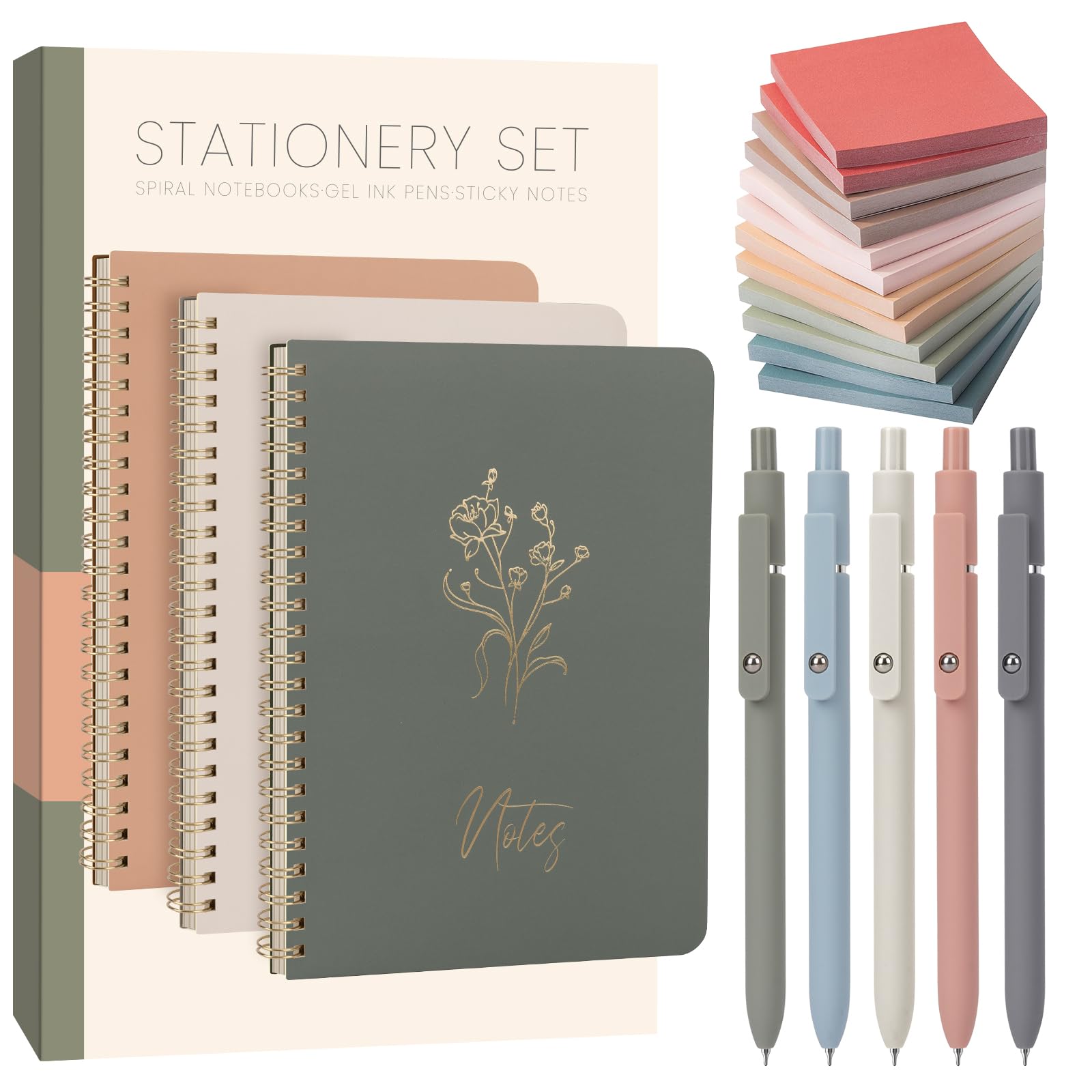 Photo 1 of ALKALO Cute Spiral Notebook Set For Women, Bible Journal Set, 3 Pack A5 Spiral Notebook + 5 PCS Gel Pens + 600 Sticky Notes + Gift Box, Aesthetic Gift Set for Work Students School Office Supplies