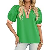 Tankaneo Womens Color Block Puff Sleeve Tops Dressy Casual V Neck Cotton Blouses Summer Loose Fit Tees Shirts