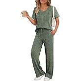 JiniGolla Women's Ribbed Knit Pajama Set 2 Piece Matching Pj Set Short Sleeve Top and Pants Lounge Set with Pockets