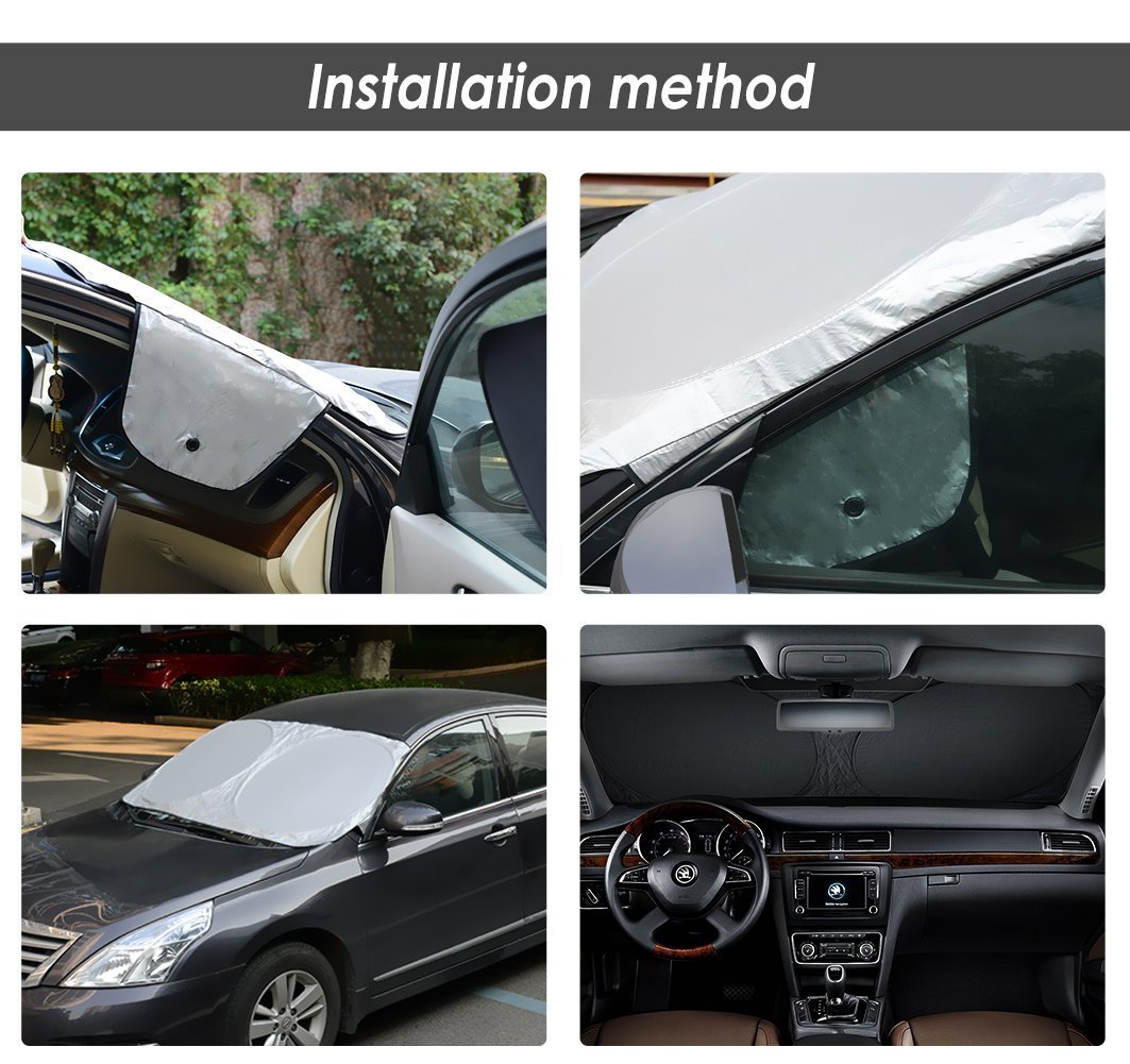 Windshield Sun Shade With 2 Ears For Maximum UV And Sun Protection -Foldable Sunshade For Car Windshield Will Keep Your Car Cooler- Easy To Use Windshield Sunshade 63\'\'x33.9\'\'