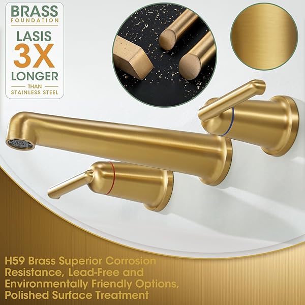 SOEBIZ WALL MOUNT BATHROOM FAUCET, WIDESPREAD 3 HOLES BRASS VESSEL FAUCETS FOR BATHROOM, TWO HANDLES BRUSHED GOLD WALL MOUNTED SINK FAUCETS SZ9905BG